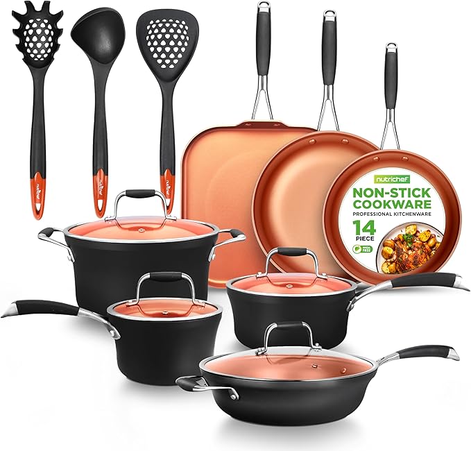 NutriChef 14-Piece Nonstick Kitchen Cookware Set – PFOA/PFOS-Free, Copper/Hard-Anodized, Induction Compatible, Stackable, Luxury Design, Includes Pots, Pans, Jumbo Cooker, Griddle, and Utensils