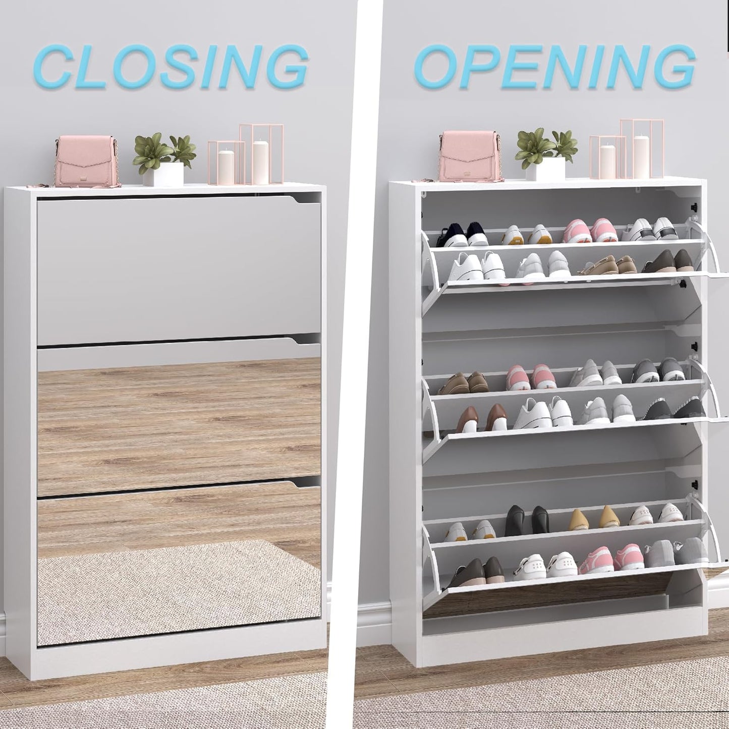 Shoe Cabinet with 3-Flip Mirror Drawers, Freestanding Shoe Rack Organizer with Hidden Handle, Slim Narrow Shoe Storage Cabinet for Entryway, Entrance, Hallway, Bedroom