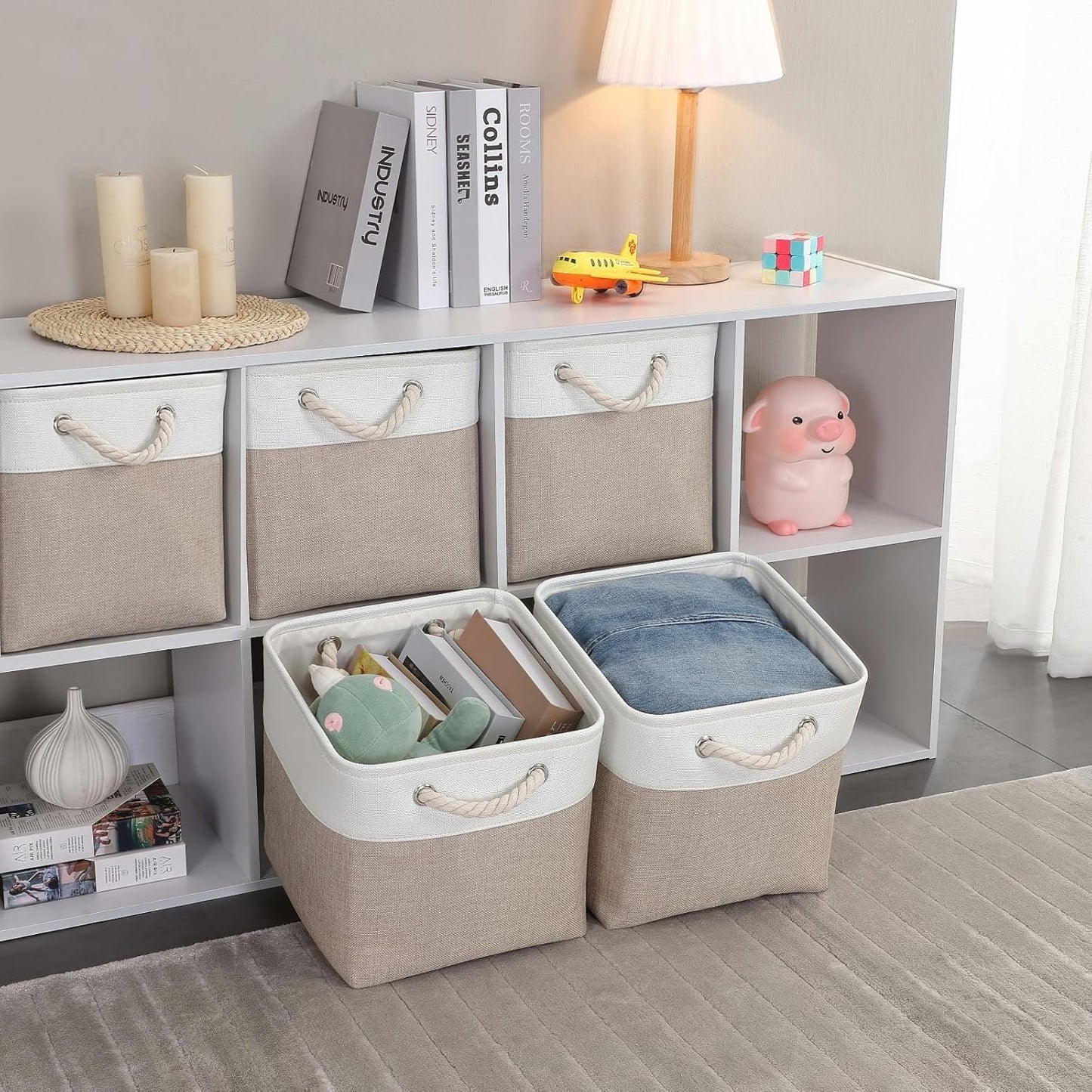 Mangata Canvas Storage Boxes, 13 Inch Cube Storage Bins Set of 6, Fabric Baskets with Cotton Rope Handle for Organizing Clothes Nursery Home (Khaki/White)