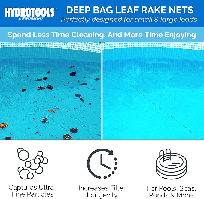 HYDROTOOLS By SWIMLINE 8015 Leaf Net For Inground Above Ground Pool Pond | Extra Large Skimmer Net Cleaning Tool Ultra Fine Deep Mesh Bag | Durable Introductory Plastic Frame | For Debris Bugs Pickup