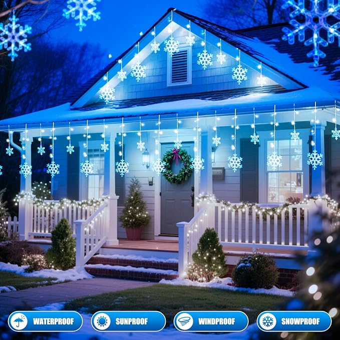 Minetom Christmas Snowflake Lights - 13ft 192LED Snowflake Icicle Lights with 16 Drops, 12 Modes and Timer, IP65 Waterproof Connectable Christmas Light for House Eave Window Indoor Outdoor Decoration