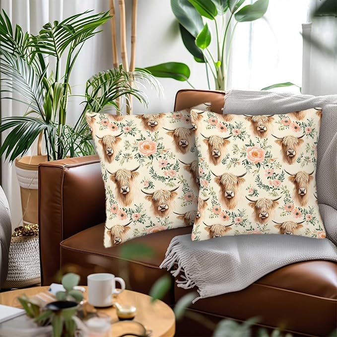 Highland Cow Throw Pillow Covers Set of 2 | 18x18 Inches Cushion Cases for Couch, Sofa, Bedroom and Living Room | Rustic Pillowcases for Home Decoration