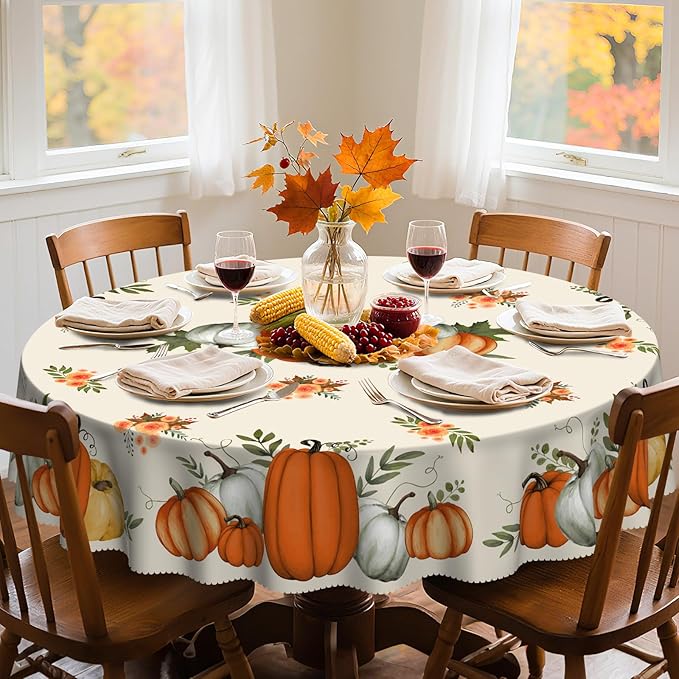 Eikione Fall Tablecloth 70Inch, Round Pumpkin Tablecloth, Thanksgiving Table Cover for Party Dining Picnic Table Decorations