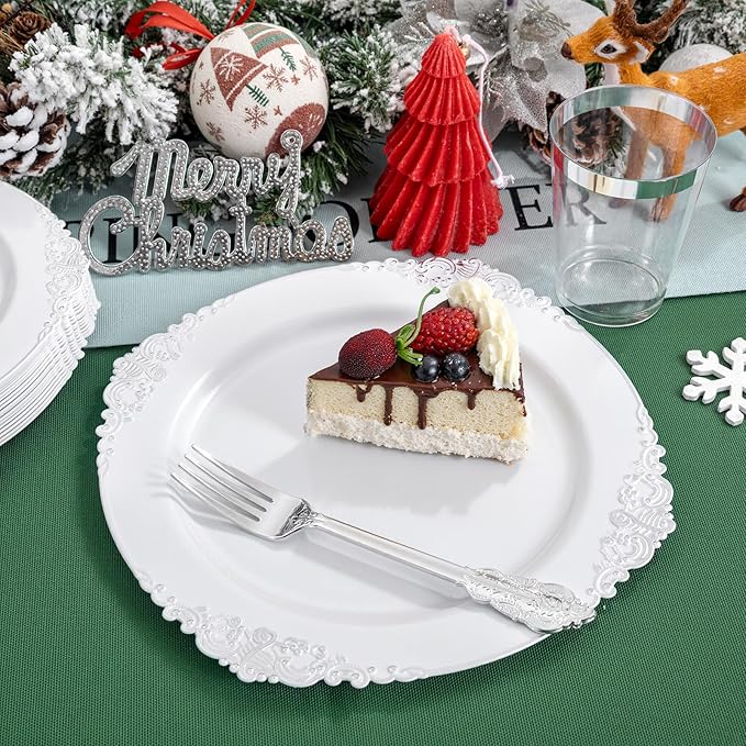 Liacere 350PCS Silver Plastic Plates&Pre Rolled Napkins for 50 Guests - Plastic Dinnerware Sets 100Silver Disposable Plates, 150Silver Silverware, 50Cups and 50Napkins for Wedding