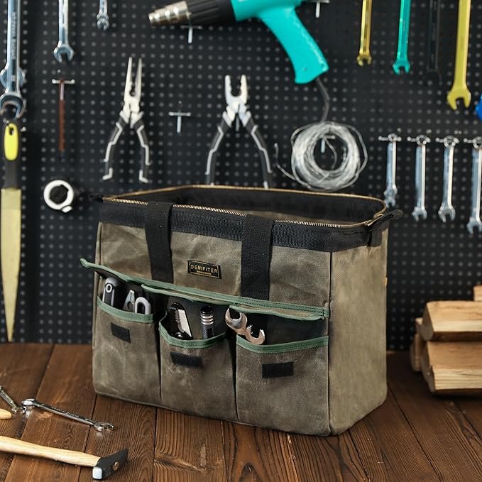 15 Inch Tool Bag, Heavy Duty Waxed Canvas Wide Mouth Water-Resistant Tool Pouch, Garden Tool Tote with 15 Pockets | ArmyGreen