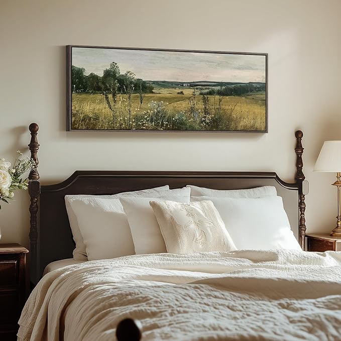 Extra Large Framed Landscape Rustic Wall Art for Living Room, Vintage Scenery Canvas Artwork Prints, Countryside Vast Field Grassland Picture Farmhouse Country Painting for Bedroom Decor 16x48 Inch