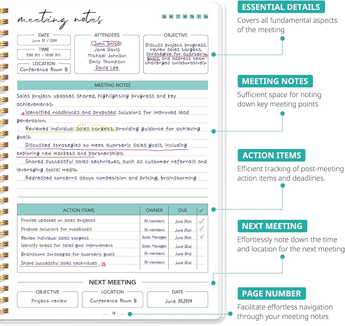 Meeting Notebook for Work Organization - Work notebook with action items, Meeting Minutes Planner Notebook, Perfect Office Supplies for Men & Women - Garden