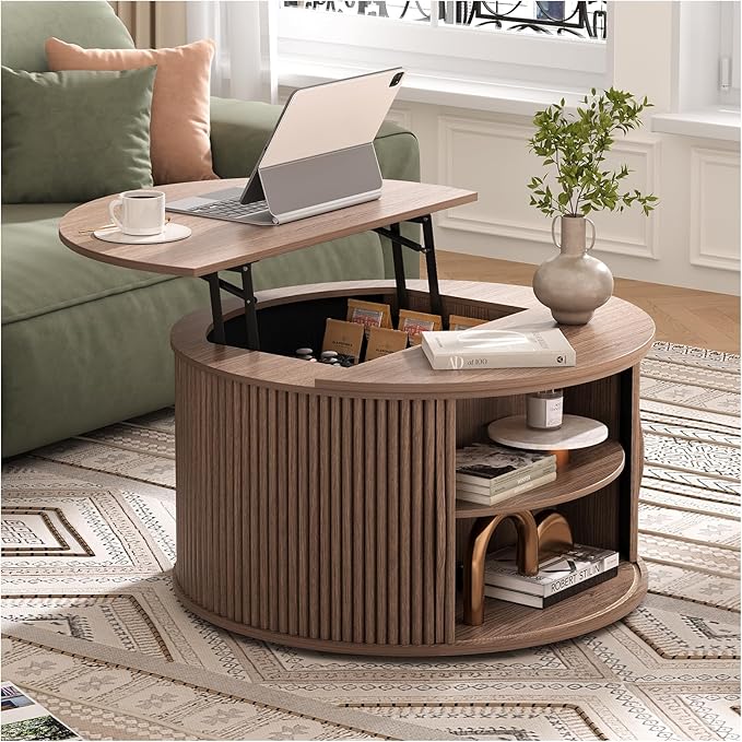 31.5" Round Lift Top Coffee Table, Mid Century Modern Walnut Center Table with Hidden Storage, Fluted Drum Wood Design for Small Living Room & Apartment