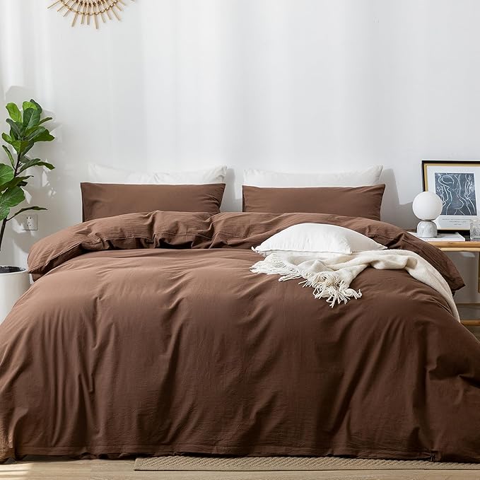MooMee Bedding Duvet Cover Set 100% Washed Cotton Linen Like Textured Breathable Durable Soft Comfy (Solid Cocoa Brown, Cal King 104"x98")