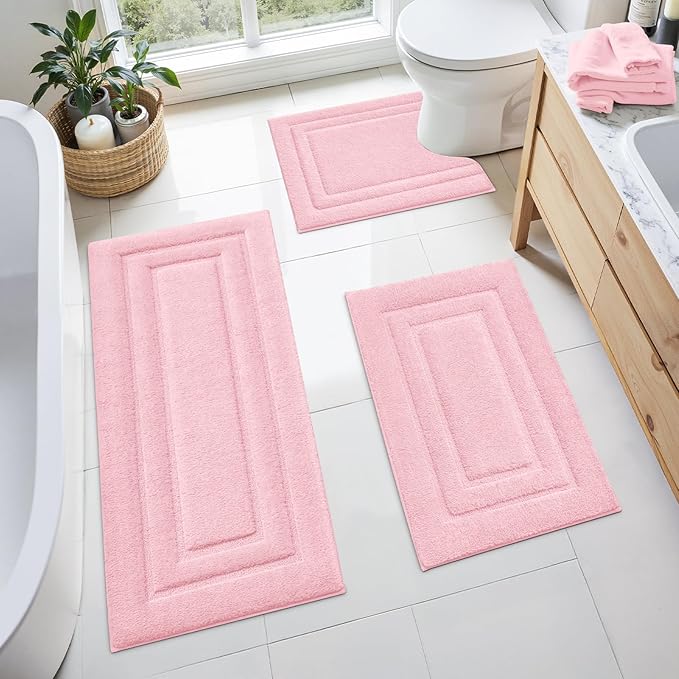 HOMEIDEAS Bathroom Rugs Sets 3 Piece, Microfiber Shaggy Bath Mat Set, Non-Slip Ultra Soft Carpet Mats, Large Rugs with U-Shaped Toilet for Bathroom, Tub, Shower,Pink