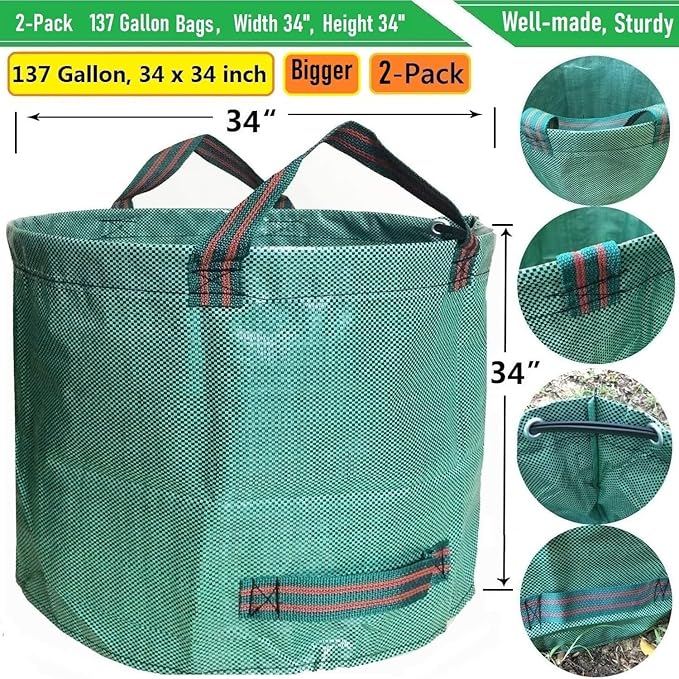 Professional 2-Pack 137 Gallon Lawn Garden Bags Large (D34,H34 inch) Yard Waste Bags with Gardening Gloves, Big Leaf Bag,Yard Debris,Waste Container,Lawn Trash Bin,Grass Clippings,Weeds Bags 4 Handles