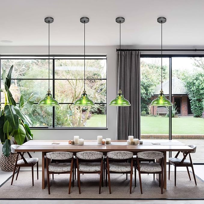 Vintage Pendant Light, Mid Century Modern Pendant Light with Hand Blown Green Glass Shade,Gold 1-Light Farmhouse Chandelier Ceiling Hanging Light fixtures for Dining Room Bedroom