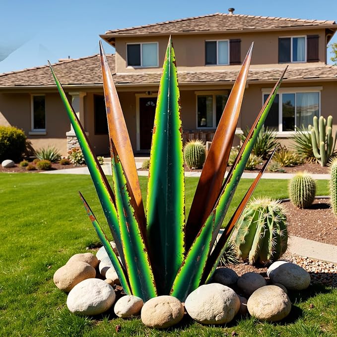 KODIBO 24” Large Metal Agave Plants Outdoor Decor, Vintage Green Tequila Rustic Sculpture Outdoor Statues, Agave Metal Plants for Yard Garden Lawn Ornaments，Artisan Metal Agave Landscape Decor