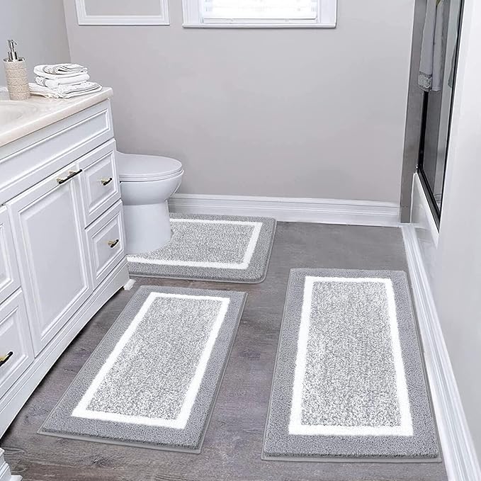 Pauwer Bathroom Rug Sets - 3 Piece Shower Mats with U-Shaped Contour Toilet Mat, Absorbent Microfiber Plush Bath Mats, Non Slip, Machine Washable Shaggy Floor Mats