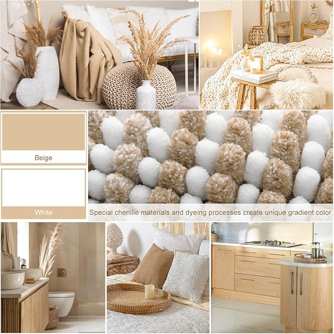 BSICPRO Bathroom Rugs and Mats Sets, 2 Piece Thick Absorbent Chenille Bath Mat Rug Set Non Slip, Soft Shaggy Bath Floor Mats for Bathroom, Machine Washable (20" x 47" Plus 16" x 24", Beige)