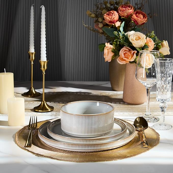 E-far Stoneware Dinnerware Sets, 18-Pieces Modern Plates and Bowls Sets, Kitchen Dinning Porcelain Dishes Set for 6, Chip & Scratch Resistant, Dishwasher & Microwave Safe, Creamy Beige