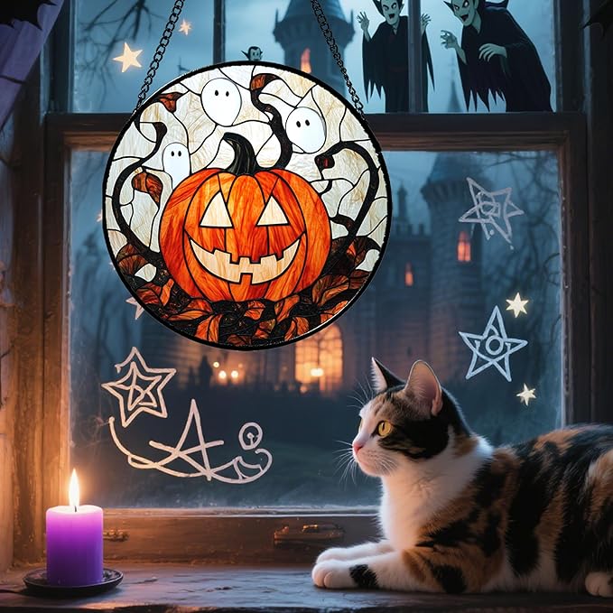 Stained Glass Window Hanging - Halloween Decorations Pumpkin Ghost Suncatcher for Doors Garden Indoor Spooky Funny Orange Sun Catchers Gothic Decor Horror Gifts for Women Men Friend 7.8 in