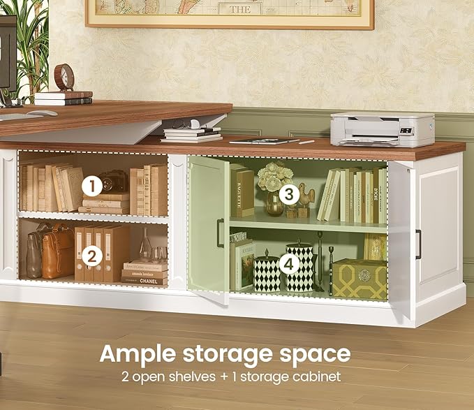 SEDETA Farmhouse L Shaped Desk with Drawers, 70.9" Home Office Desk with Storage Cabinet and Storage Shelves, L Shaped Computer Desk with Power Outlet，White