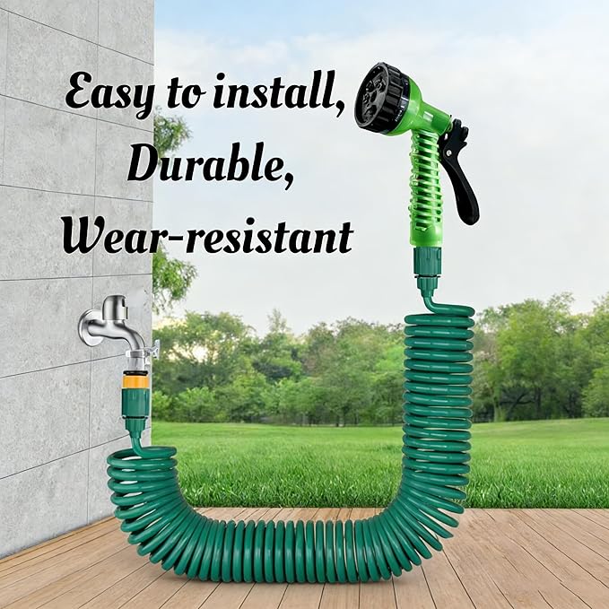 Retractable Garden Hose 66 FT, EVA Flexible Curly Water Pipes with 7-Pattern Spray Nozzle for Boat, Greenhouse, Yard, Patio, Green