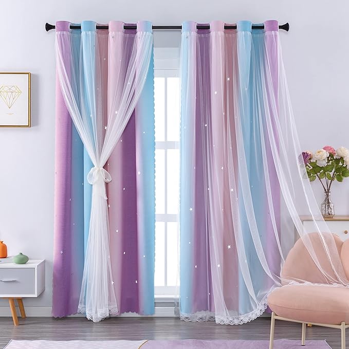 XiDi Curtains for Bedroom Decor, Rainbow Pink Purple/52/90