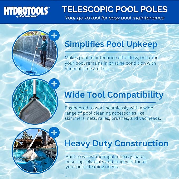 SWIMLINE HYDROTOOLS 8350A 3-Piece Telescopic Pole 4 To 12 Feet Adjustable Telepole For Swimming Pool Cleaning Skimmer Nets Vacuum Heads & Brushes Step-Up Anodized Aluminum W/ Strong Grip & Lock