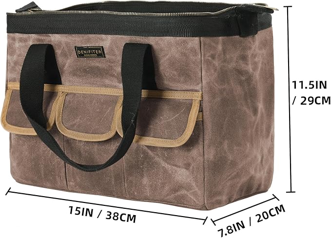 Tool Bag, Durable 16oz Waxed Canvas Wide Mouth Water-Resistant Electrician Tool Bag, Tool Tote with Handle for Tools, Wrenches, Screwdrivers (15 X 7.8 X 11.5 Inch) | Grey