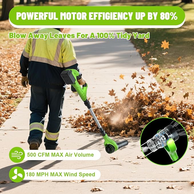 Leaf Blower Cordless, 21V Electric Leaf Blower Cordless with 2 Batteries, Adjustable 300° Multi-Angle Rotation Nozzle 3 Speed Modes 500CFM/180MPH for Lawn Care, Patio, Dust, Leaves, Yard, Car, Gutter