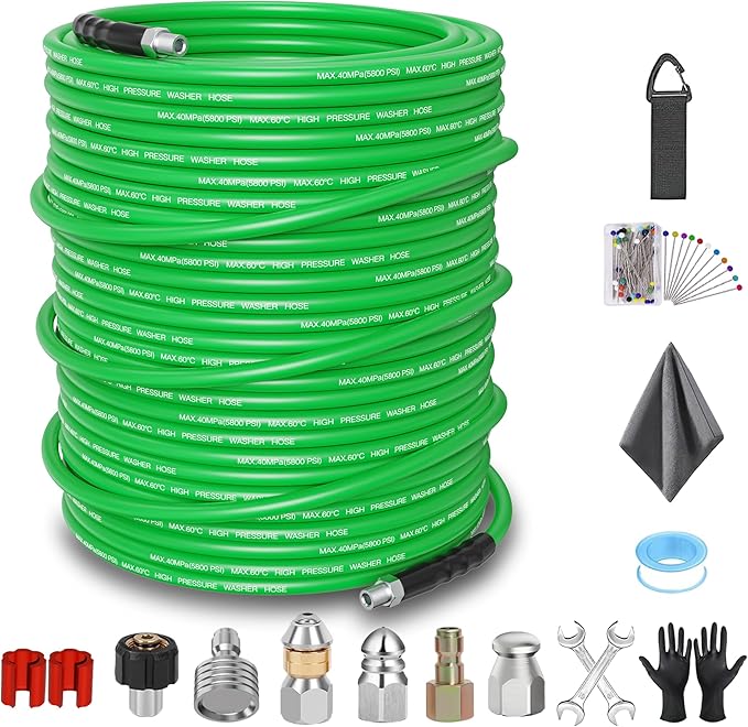 Sewer Jetter Kit for Pressure Washer 200FT – 5800PSI High-Pressure Drain Cleaner, M22 & 1/4'' NPT Universal Fit, Unclog Gutters & Sewer Lines, Durable Jetter Hose for Homeowners & DIYers (200FT)