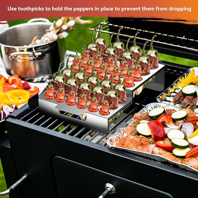 Skyflame Jalapeno Grill Rack with Corer Tool, 34 Hole Stainless Steel Chili Pepper Holder with Upgrade Design in 2 Heights and 3 Hole Sizes for Grilling Jalapeño Peppers, Chicken Wings, Drumsticks