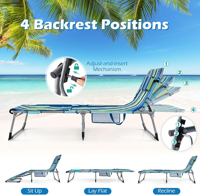 GYMAX Tanning Chair, 330LBS Beach Lounge w/Face Arm Hole & Hand Shoulder Strap, Folding Layout Sunbathing Chair, Face Down Outdoor Chaise Lounger for Patio, Poolside, Backyard (1, Blue Stripe)