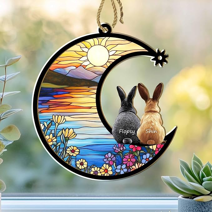 Personalized Bunny Suncatcher – Custom Rabbit Suncatcher with Name, Breed & Multiple Background Options, Pet Loss Sympathy Gift, Memorial Keepsake for Rabbit Lovers (Up to 3 Pets), Easter Decor