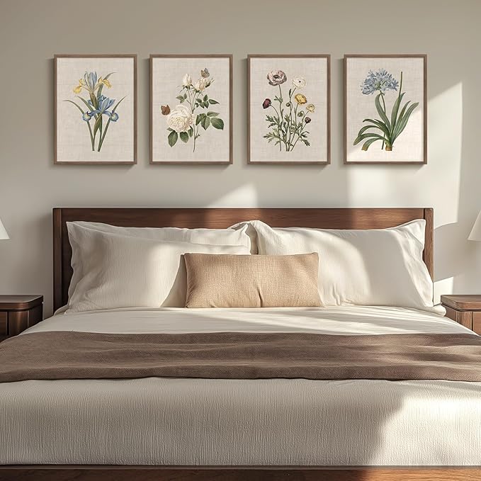 Framed Vintage Botanical Wall Art, 4 Piece Rustic Floral Painting Canvas Prints