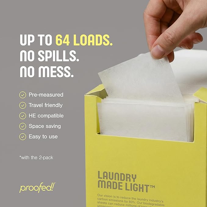 Proofed! Laundry Detergent Sheets, 32 Count, Clean Scent, The Only 100% Plastic-Free Sheet, No PVA or PVOH, Hypoallergenic, Bio-Based Ingredients, Made in USA, 1 Box