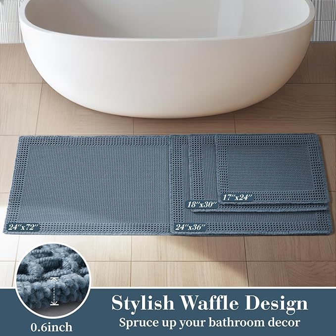 RESARE Waffle Bath Mat - Super Absorbent Non Slip Machine Washable Boho Bath Rugs with Tassels, Upgraded Bordered Design, 17"x24" Blue