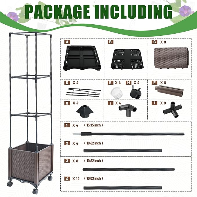 Quibbay Raised Garden Bed with Tomato Planter Cage,50.4" Self Watering Tomato Planter with Plastic Coating Steel Pipe for Climbing Vine Flowers Outdoor, Tomatoes Cage with Trellis Wheels, 1Pack