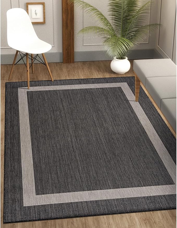 CAMILSON Outdoor Rug 8x10,Modern Outside Rugs for Patios Porches Waterproof Durable Washable Non-Shedding, Easy-to-Clean Indoor Outdoor Area Carpet (8 x 10, Bordered - Dark Gray/Light Gray)