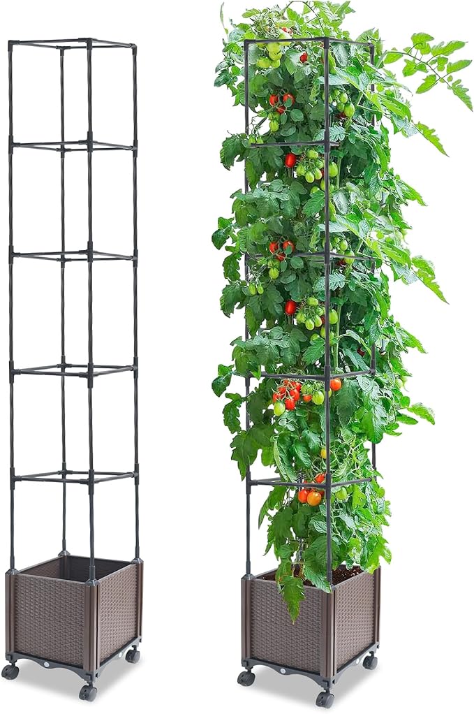 Quibbay Raised Garden Bed Planter Box with Trellis, 74" Self-Watering Tomato Planters for Climbing Plants Vine Flowers Outdoor Patio, Tomatoes Cage with Wheels, 1Pack