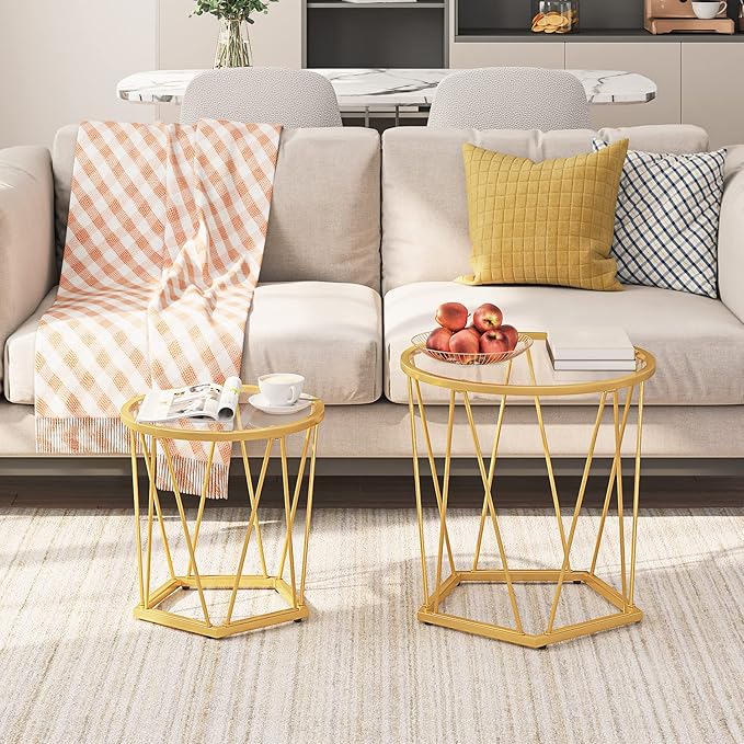 HOOBRO Small Coffee Table Set of 2, Round Coffee End Table with Metal Frame, Glass Tabletop, Gold Side Table for Living Room, Bedroom and Balcony, Modern Style, Gold GD79BZ01