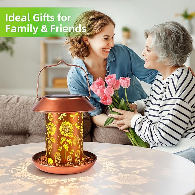 Bird Feeders for Outdoors Hanging Metal Sunflower Solar Bird Feeder Waterproof Solar Lantern Decor Garden Gifts for Women Mom Friends Birds Lovers Decoration for Yard,Patio,Lawn,Christmas