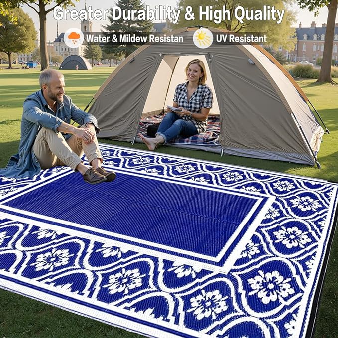 Plastic Outdoor Rug 6'x9' Waterproof Camping Carpet Outside Area Rug Reversible Light Blue Rugs for RV Deck Entryance Porch Picnic Balcony Beach