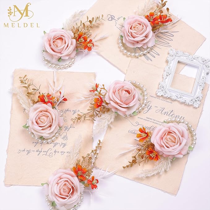 Meldel Pink Velvet Rose Wrist Corsage, Set of 6, Wedding Bridal Flower Corsage Hand Decor for Prom Party Homecoming, Wristband Flowers Bride, Bridesmaid, Girl,Mother of The Bride Corsage