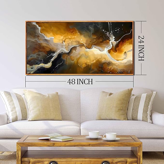 Abstract Wall Art for Bedroom, Marble Canvas Wall Decor for Living Room, Black and Gold Picture Print Artwork for Office, Size 48 x 24 Inches Framed