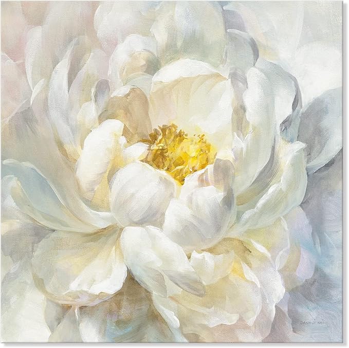 SEVEN WALL ARTS Peony Flower Canvas Wall Art Modern Yellowish Floral Picture Poster Print Abstract White Blossom Artwork for Bedroom Bathroom Kitchen Dining Room Home Decor 24"x24"