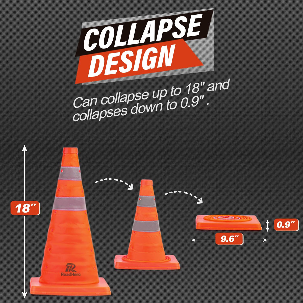 RoadHero Traffic Cones - 18 Inch Collapsible Orange Cones with Reflective Collar | 8 Pack for Safety & Training
