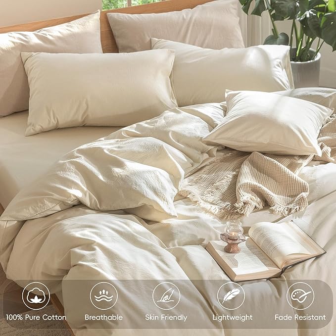 MooMee Bedding Duvet Cover Set 100% Washed Cotton Linen Like Textured Breathable Durable Soft Comfy (Heathered Almond Milk Grey, Oversized Full 82"x86")
