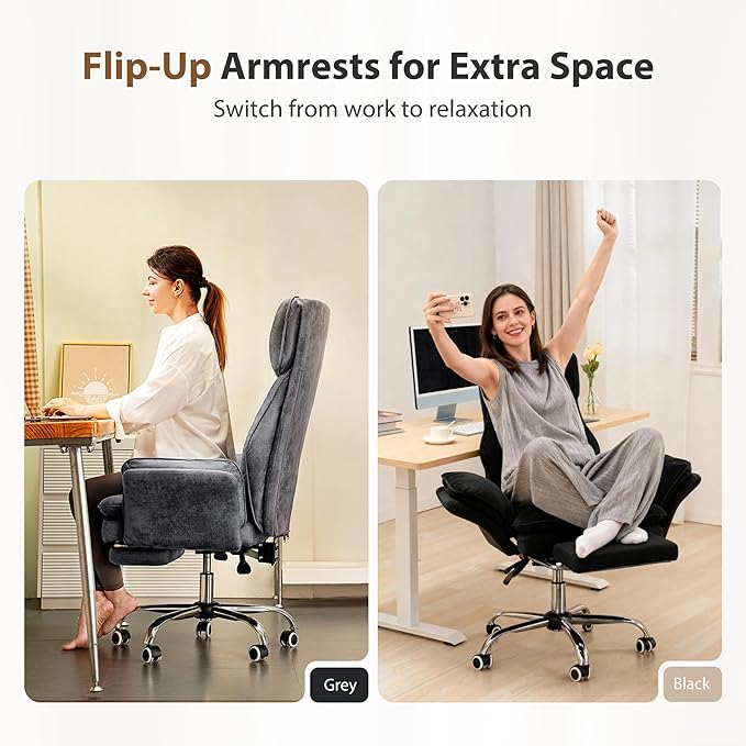 Big and Tall Office Chair, Flip Armrests for Pets & Cross Legged Sitting, Executive Ergonomic Computer Gaming Chair with Foot Rest, Gliter Fabric Wide Seat Reclining Desk Chair