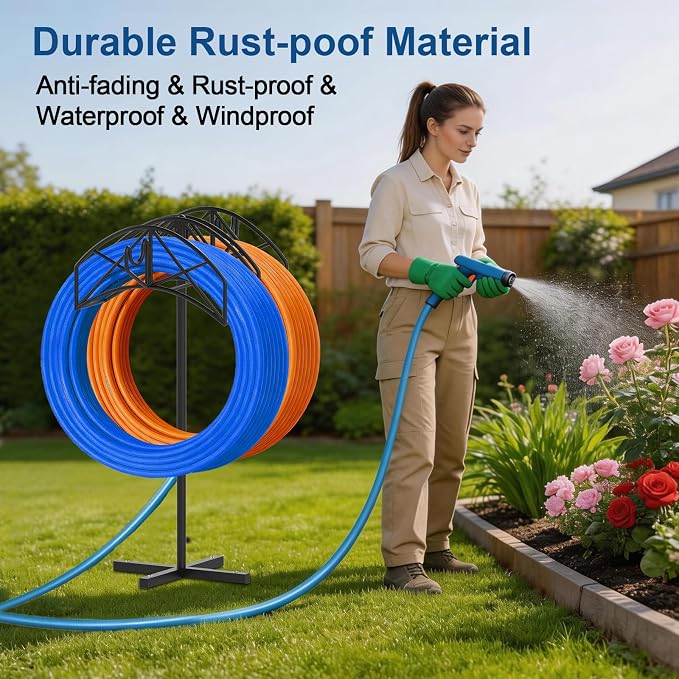 Garden Hose Holder Heavy Duty Water Hose Holder Holds 160 FT * 2 Hoses 4 Spikes Hose Reel Freestanding Hose Hanger Sturdy Hose Storage Stand with 90°Rotatable Hook for Outside Yard Lawn