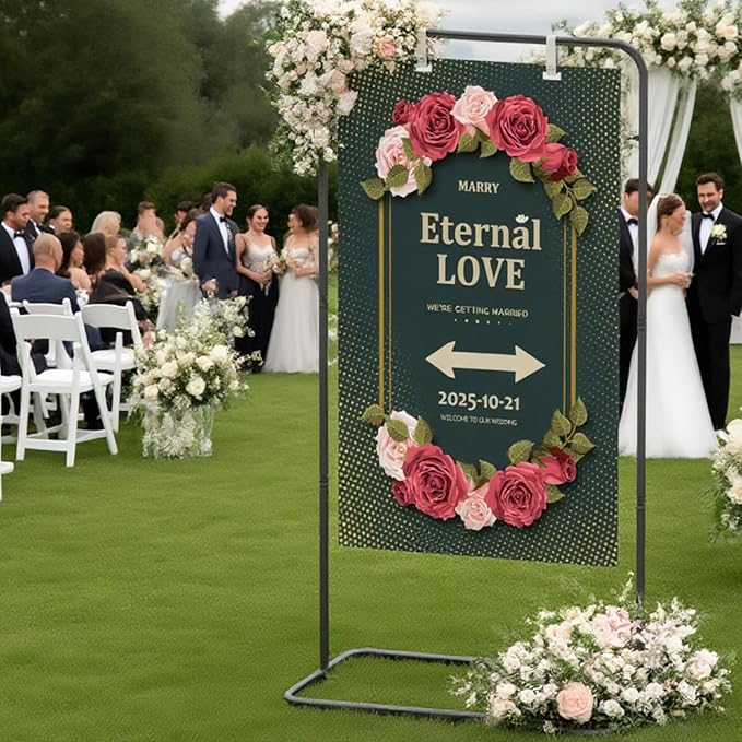 Wedding Sign Holder,Adjustable Welcome to Our Wedding Sign Stand with 2 Pack Leather Hanging Straps Heavy Duty Easel Rack Seating Chart Metal Stand for Birthday Party Baby Shower Graduation Ceremony Decoration,Black