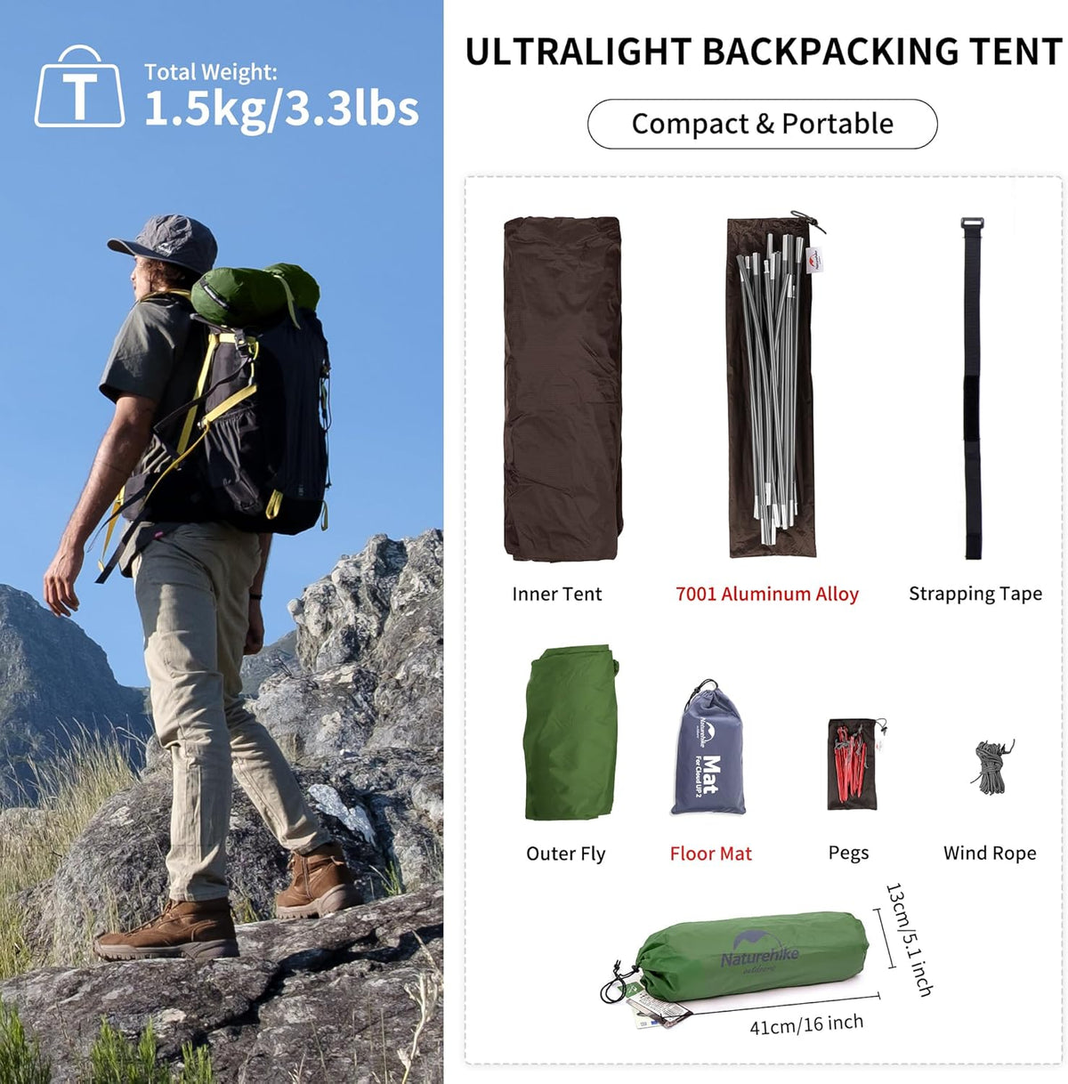 Naturehike Cloud-Up 1 Person Tent, Lightweight Backpacking Tents for One Man, Waterproof Ultralight One Person Tent for Camping Hiking Backpacking