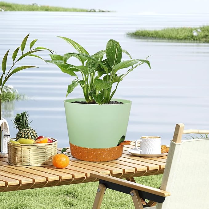 12 inch Large Self Watering Pots for Indoor Outdoor Plants, Flower Plant Pots with Drainage Holes for Garden House Plants, Plastic Planters with Reservoir for Home Plants, Green with Brown